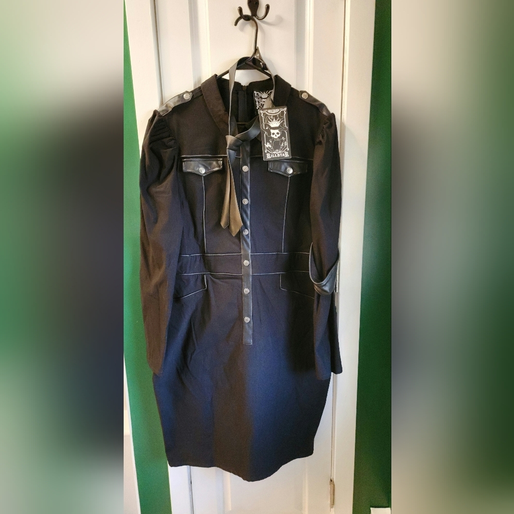 Black Button-Up Dress with Leather Accents